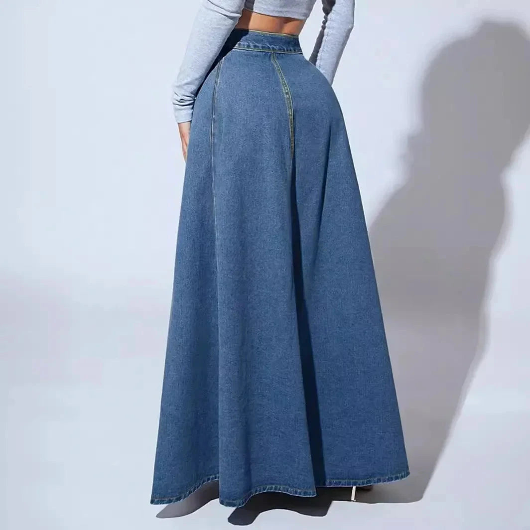 Denim Skirts Women Long Skirt A Line Single Breasted High Waist Jeans Vintage Maxi Simple Casual Elegant Splice Y2k Streetwear GlowCart