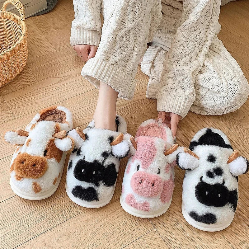 Women's Winter Warm Cartoon Cow Slippers Closed Toe Non Slip GlowCart