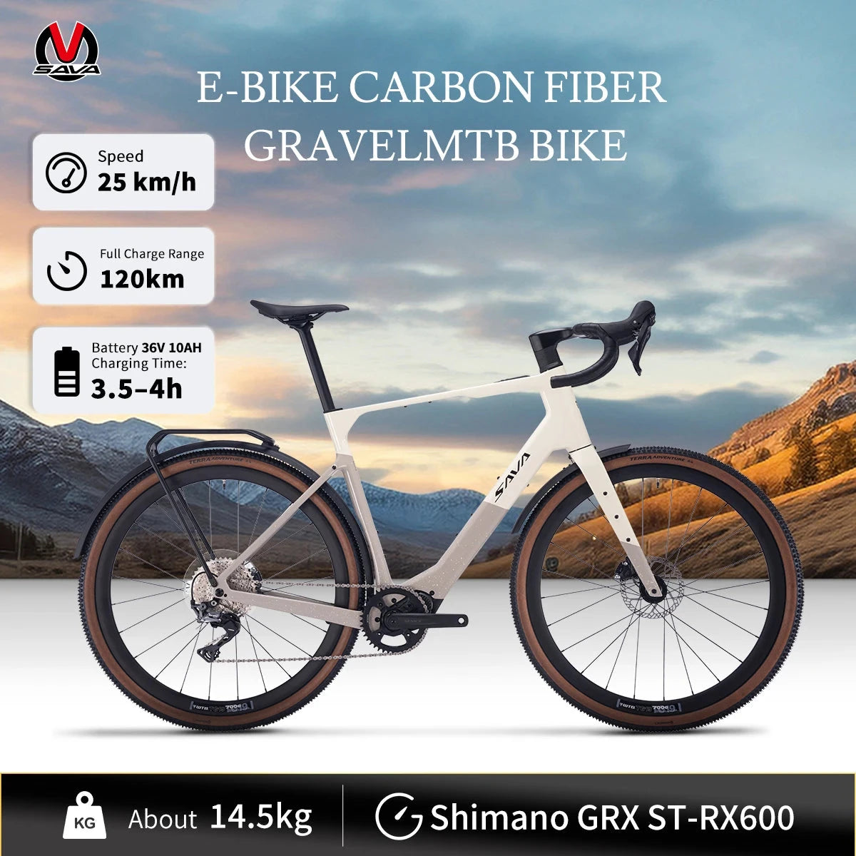 SAVA E-BIKE carbon fiber gravel bike electric assist bicycle equipped with SHIMAN0 GRX ST-RX600 kit GlowCart