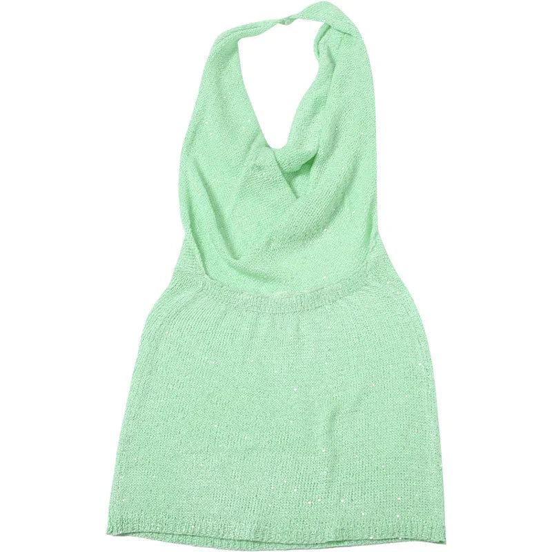 Women Sexy Sequins Knitted Mini Beach Dress Swinging Collar GlowCart