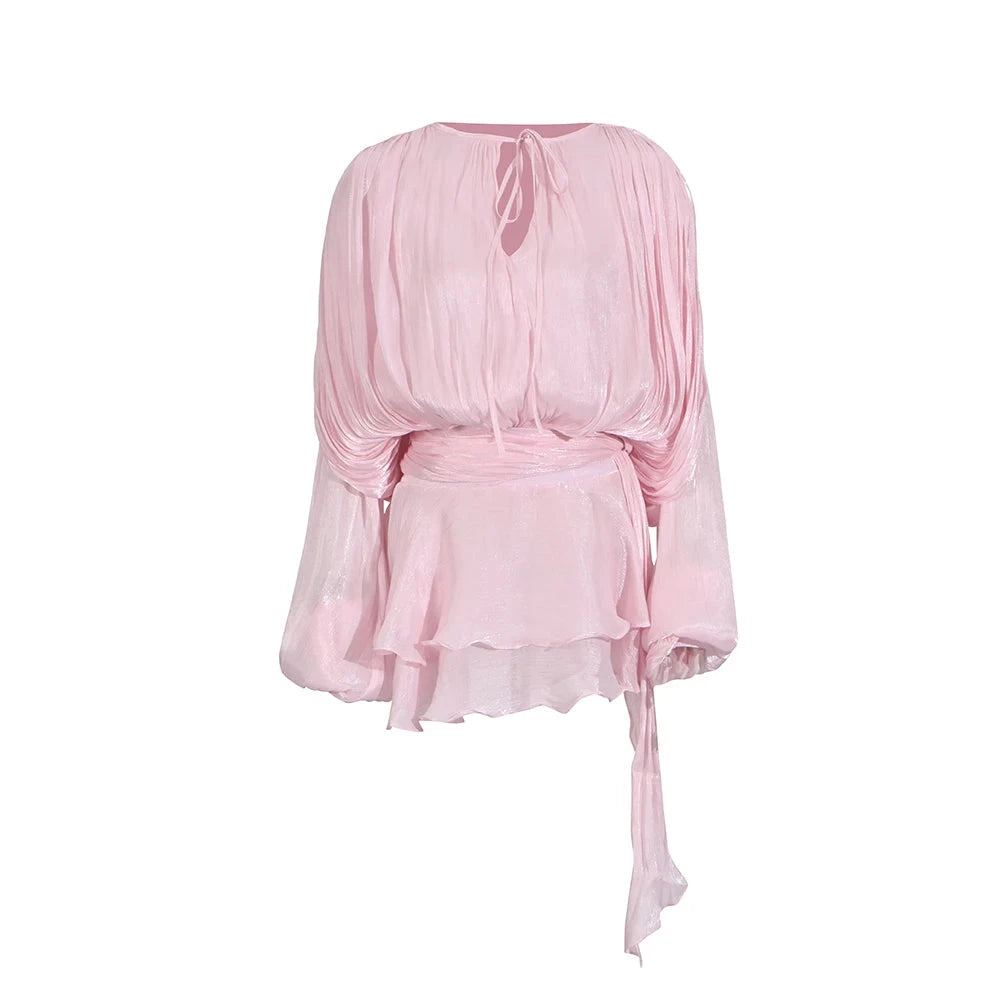 TWOTWINSTYLE Solid Patchwork Lace Up Blouse Mini Dresses For GlowCart