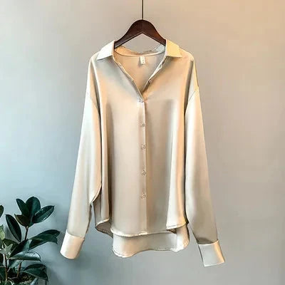 1pcs Woman Spring Autumn Satin Shirt Lady Long Sleeve Lapel GlowCart