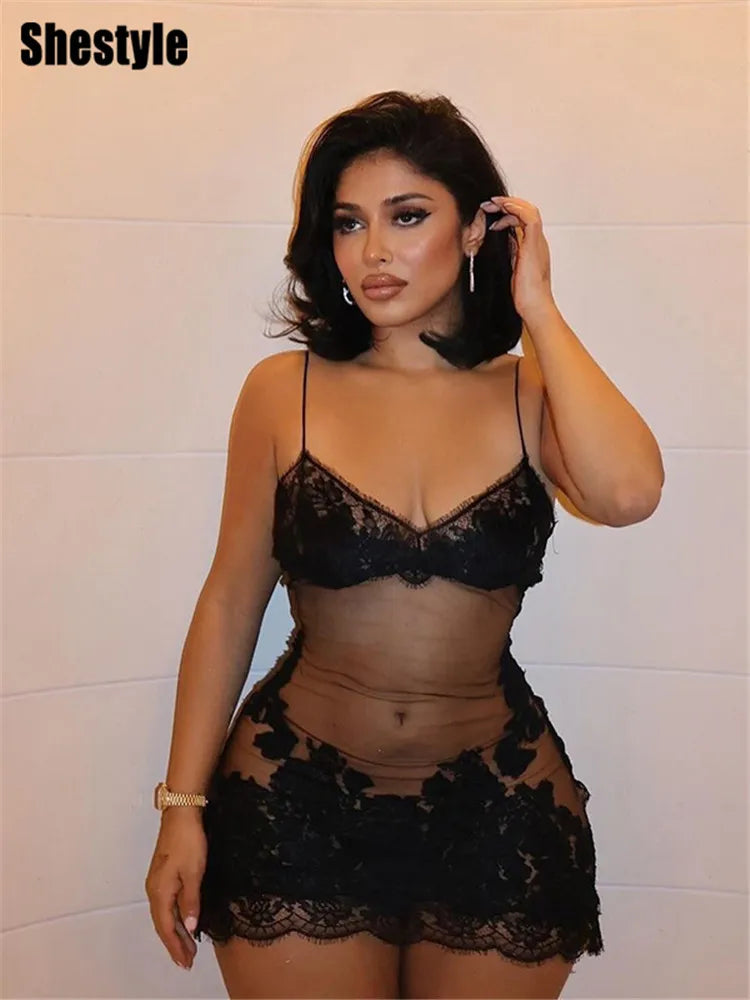 Shestyle Lace Transparent Mini Dress Sexy Women Wrapping Spaghetti Embroidery Flower Sheath Nightwear Club Mesh Wave Fantacy GlowCart