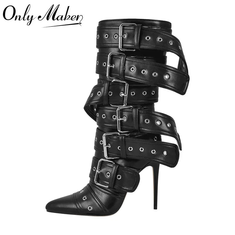 Onlymaker Women Pointed Toe Mid-Calf Boots Buckle Strap Thin GlowCart