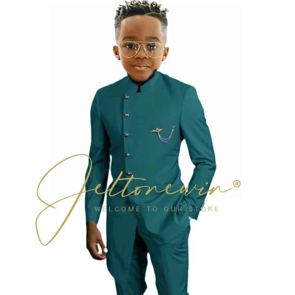 Royal Blue African Design Boys Suits Set For Wedding Formal Tuxedo Kids Costume Piano Performance Children Tailor Made GlowCart