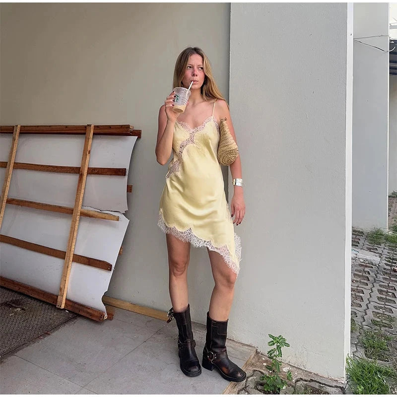 Sexy Lace Patchwork Sling Dress Women Satin Off-shoulder GlowCart