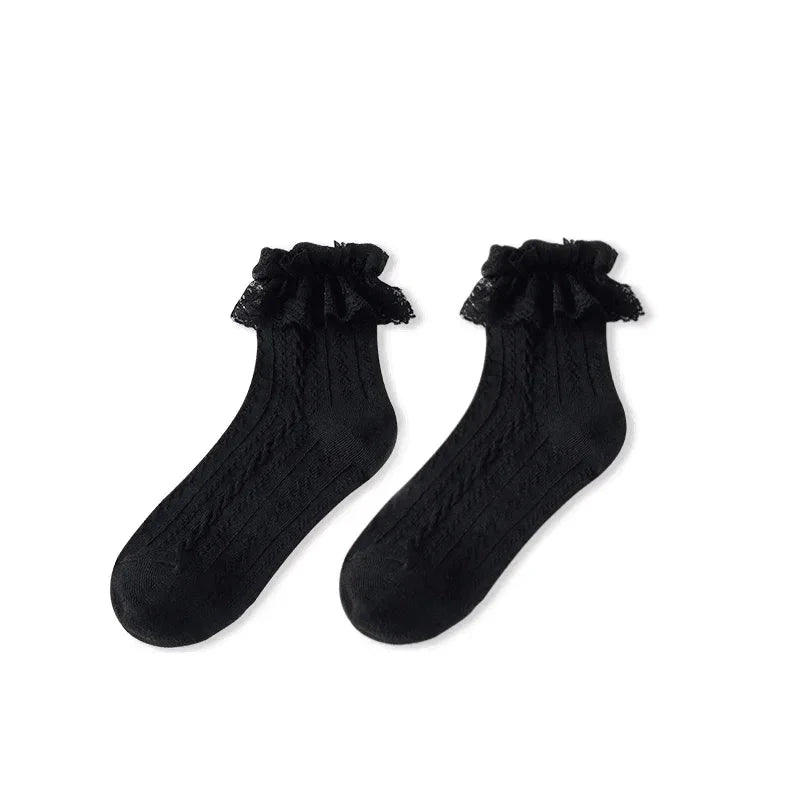 Woman Socks Solid Black White Lolita Lacework Ruffle Socks GlowCart