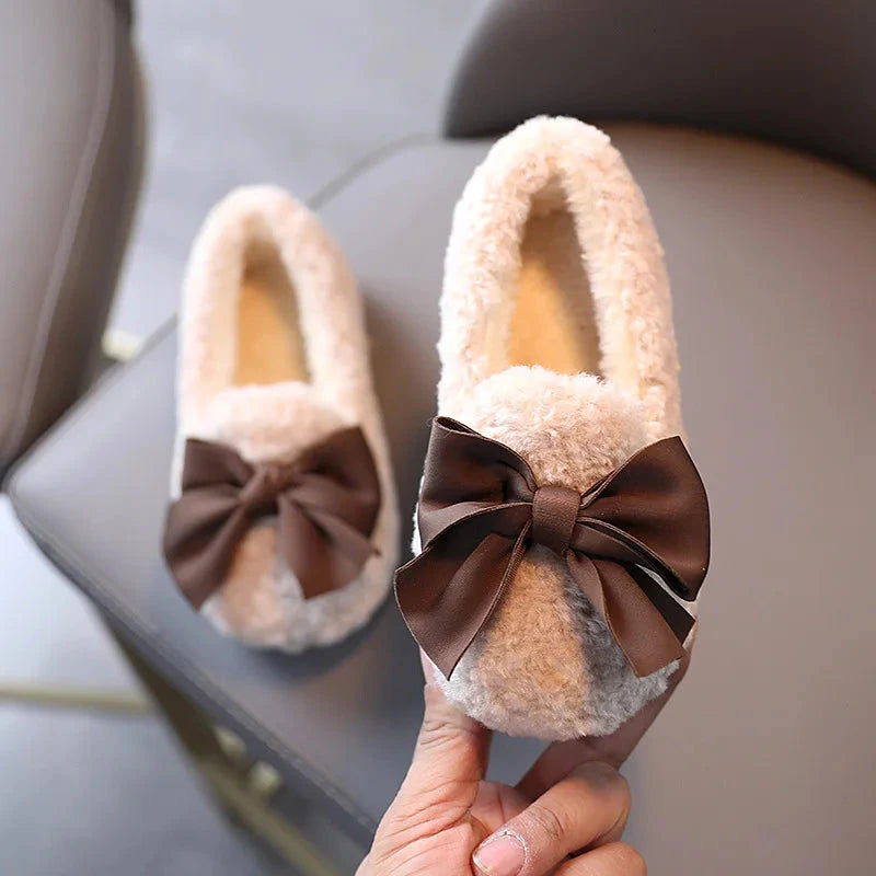 Girls Winter Shoes Cotton-padded Warm Cotton Fur Fluffy Children Flats Kids Loafers Slip-on Princess Sweet Anti-slippery Bowtie GlowCart