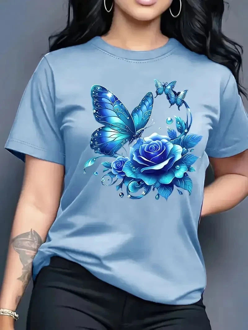 Women's Rose Butterfly Print Fashion Casual T-Shirt Short GlowCart