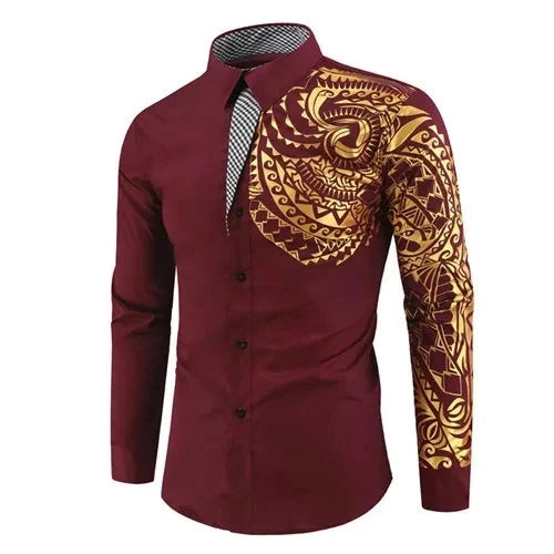 Men's White Long-sleeved Shirt with Gold Print Decoration, GlowCart