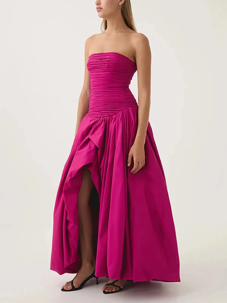 Sexy Strapless Printed Split Deign Long Bubble Dress Women GlowCart