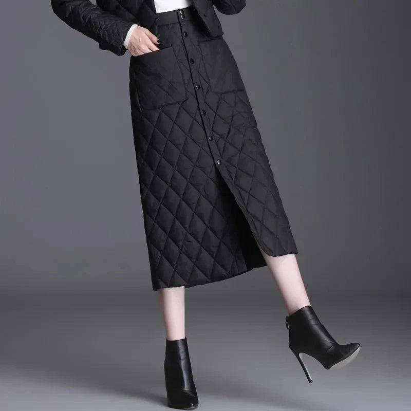 Autumn Winter Thick Warm Down Cotton Padded Skirts Women High Waist Windproof Belt Warm Puffer Skirts Large Size Long Skirts 5XL GlowCart