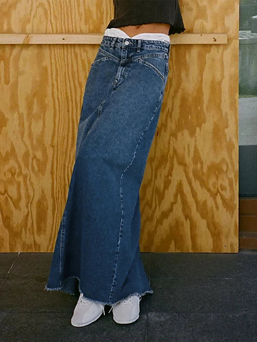 Women Y2K Vintage Denim Maxi Skirt High Waist A-Line Frayed Hem Loose Long Jean Skirt OOTD Streetwear GlowCart