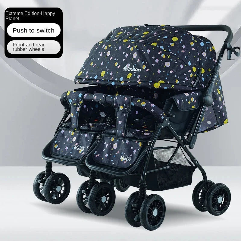 Baby Double Pushchair Ultra Lightweight Two-way Foldable Shock Absorbing Poussette Double Can Sit and Lie Down Twin Pram GlowCart