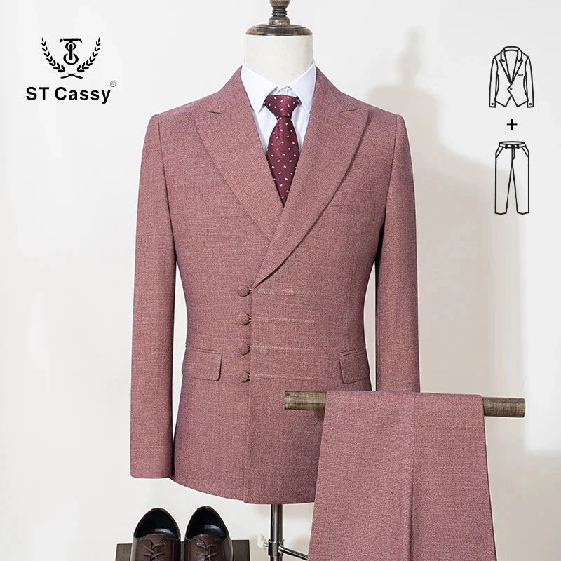 ST Cassy Elegant man suit for wedding peach Slim Fit Double GlowCart
