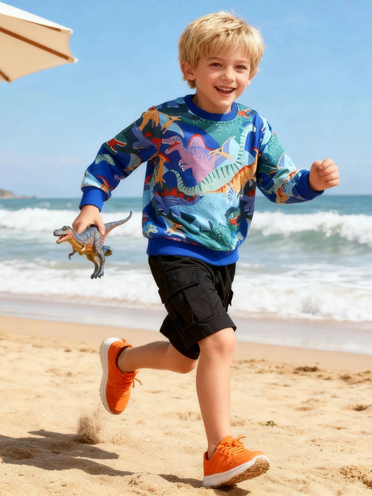 Boys' Colorful Dinosaur Print Sweatshirt - Soft Polyester Crewneck Pullover for Toddlers & Kids GlowCart