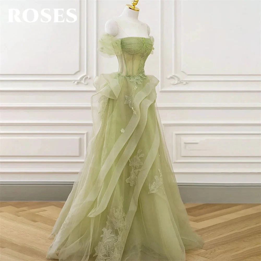 ROSES Sage Green Prom Dress Appliques Tulle Celebrity GlowCart