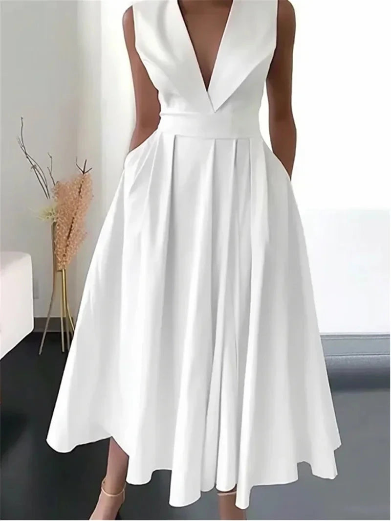 DSMTRC Sleeveless V Neck Pockets Solid Lady Party Casual GlowCart