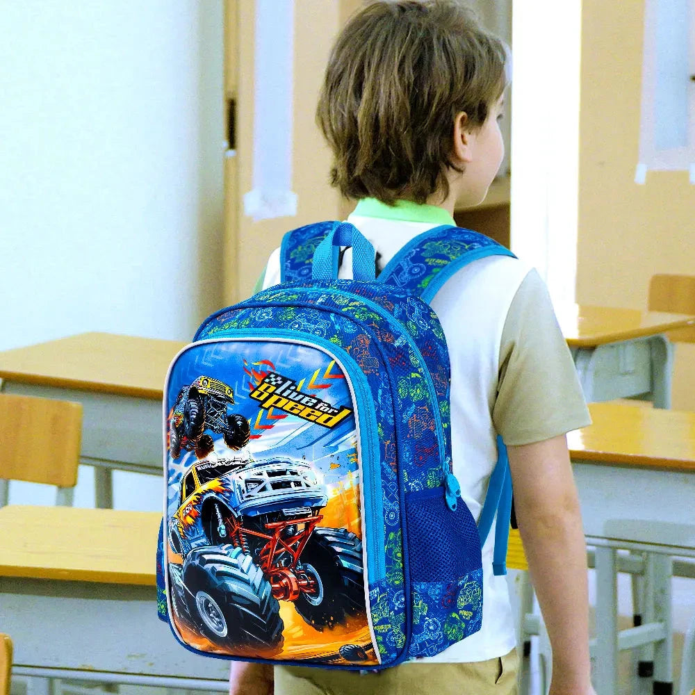 3PCS Boys Truck Backpack, Kids Car Bookbag with Lunch Box, Water Resistant School Bag for Elementary Preschool Toddler GlowCart