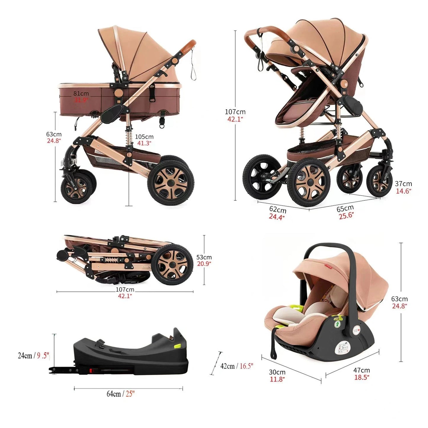 3 in 1 Baby Stroller,Baby Travel System,Baby Carriage 3in1 with Isofix Base,Foldable Newborn Pram,Reversible Standard Stroller GlowCart