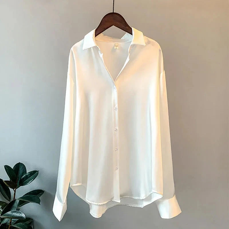 1pcs Woman Spring Autumn Satin Shirt Lady Long Sleeve Lapel GlowCart