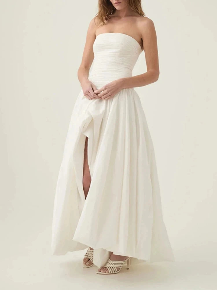 Sexy Strapless Printed Split Deign Long Bubble Dress Women GlowCart