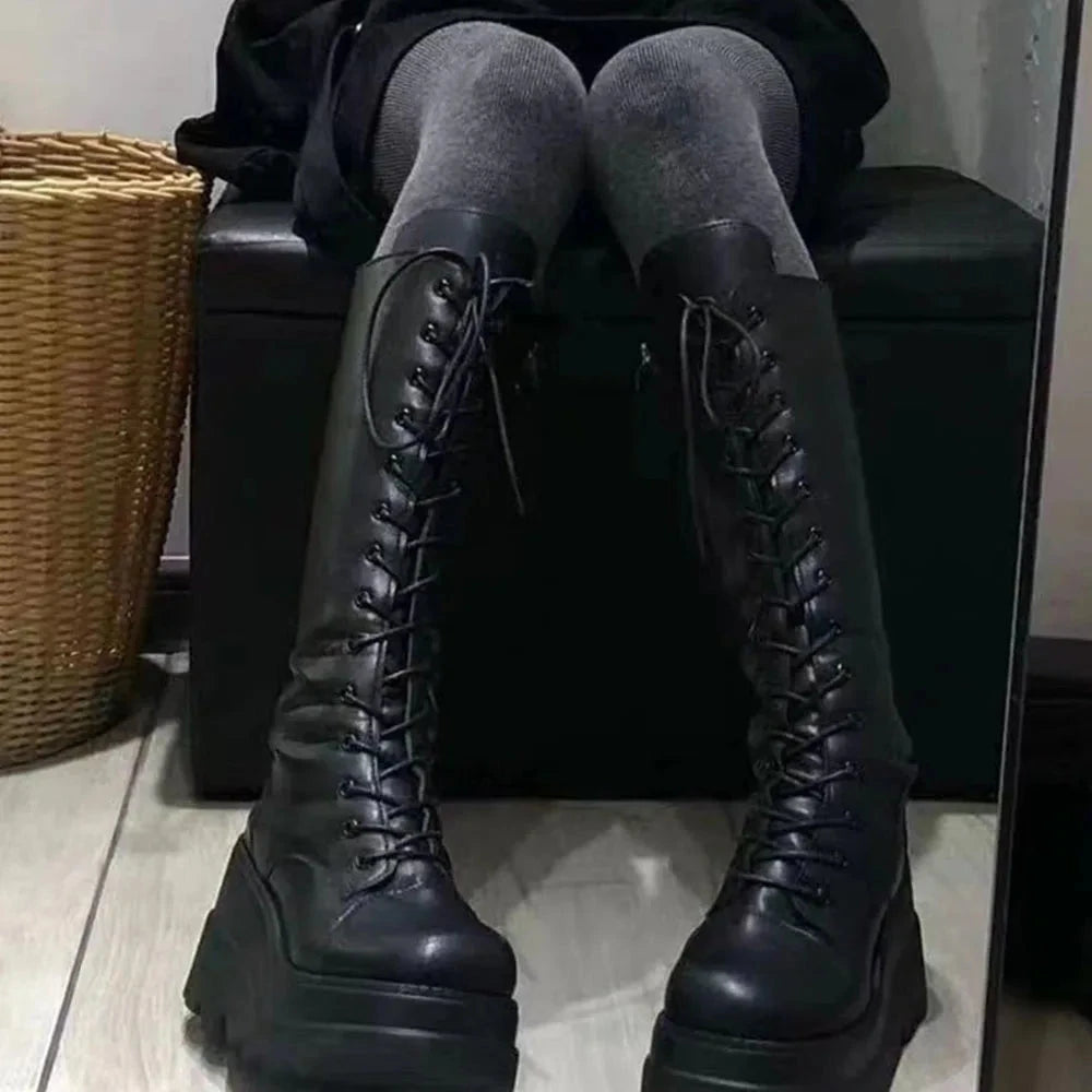 DoraTasia Black Gothic Fashion Round Toe Side Zipper Lace Up GlowCart