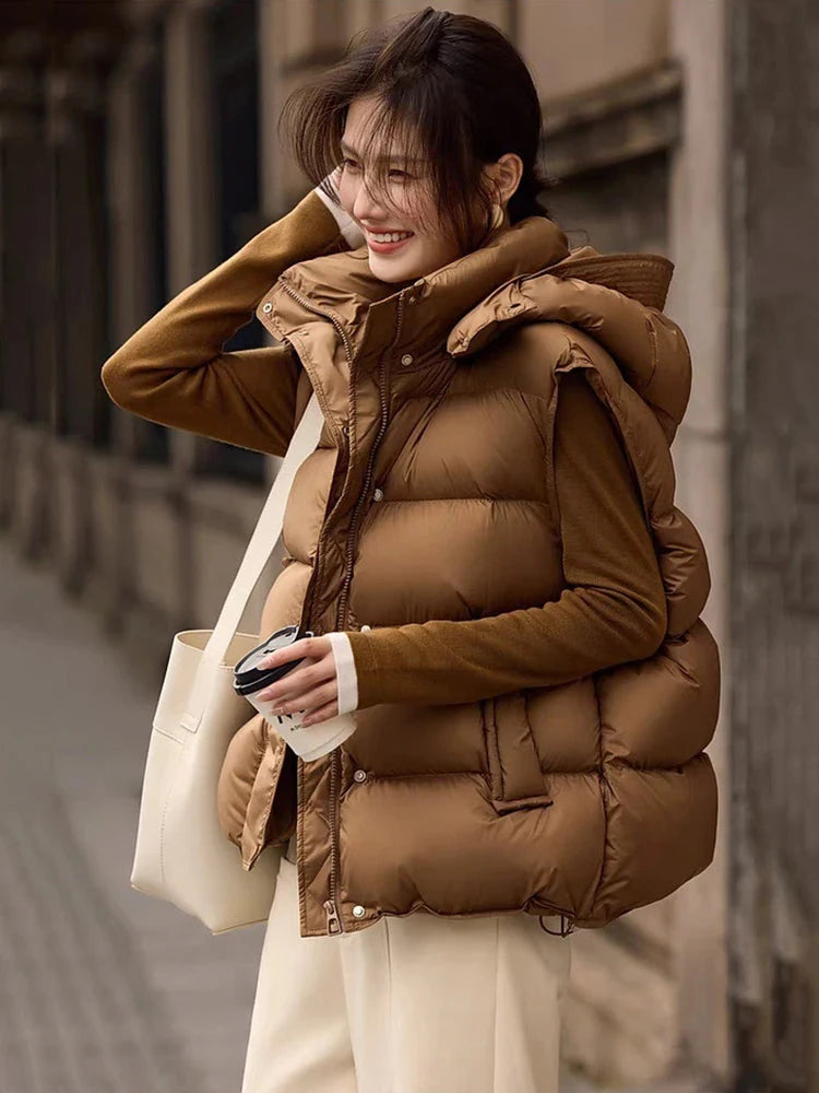 Autumn Winter Fluffy Puff Hooded Down Vest Female Drawstring GlowCart