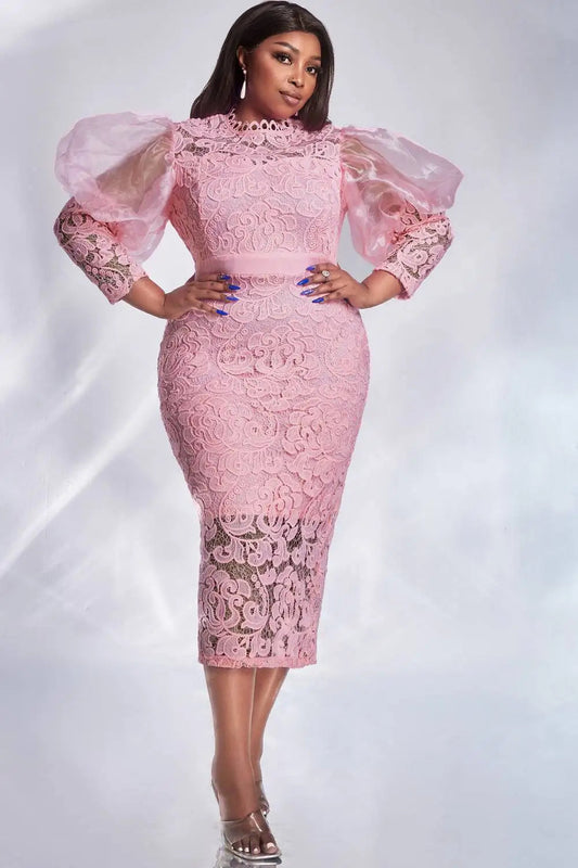 Women Plus Size Formal Dress Pink Lace Puff Sleeve See-Through Midi Dress Elegant Sweet Wedding Guest Cocktail Bodycon Dresses GlowCart