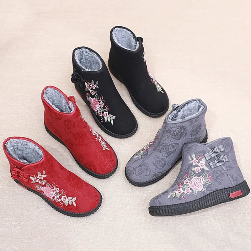 Winter Cloth Shoes Ethnic Style Botas Mujer Women's Shoes Zapatos Short Warm Boots Woman Bootie Embroidered Cotton Women Boots GlowCart