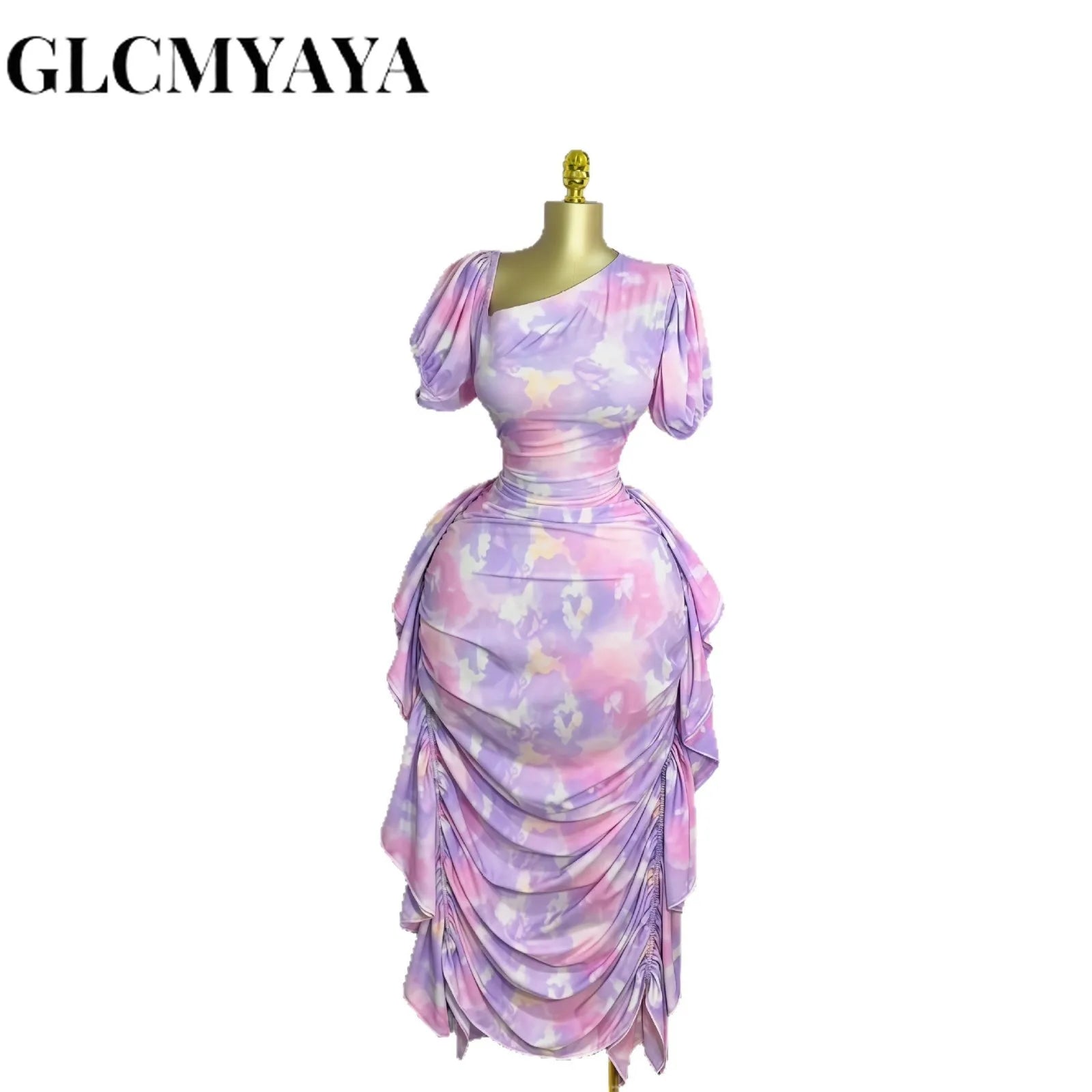 GLCMYAYA Women Tie Dye Printed Skew Neck Ruched Stacked Bodycon Midi Maxi Long Dress 2025 Vacation Holiday Sexy Vestidos Dresses GlowCart