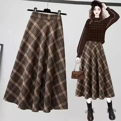American Style Plaid Midi Skirt Women's Full A- Line Skirts plus Size High Waist Slimming Long Skirts Trendy Spring Autumn GlowCart
