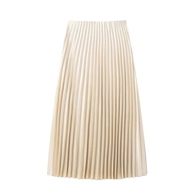 HXAO Women's Pleated Skirt Summer Brown Ruffle Skirt Cylinder Pleats Mid Waist Midi Skirt Fashion Elegant Women Long Skirt 2025 GlowCart