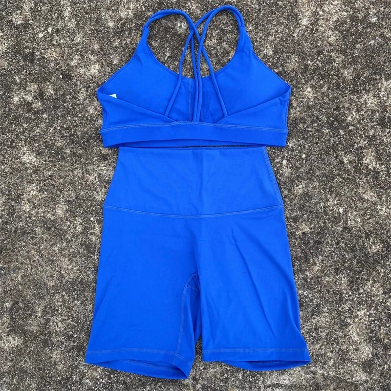 Solid Color Gym Bike Yoga Set Short Legging Cross Back Sport GlowCart