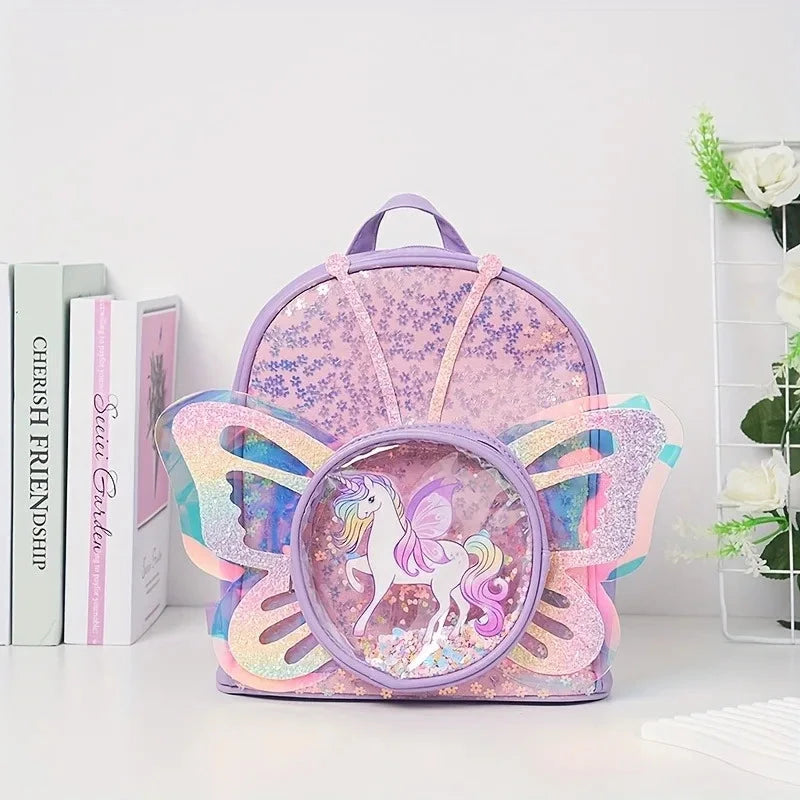 Toddlers Backpack Cartoon Unicorn Schoolbag Sequin Transparent Butterfly Wings Bookbag for Girl Kids Waterproof School Bag 2024 GlowCart