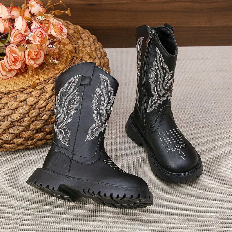 Children Leather Boots Classic Cowboy Embroidery Girls Long Booties Kids Winter Round Toe Soft Snow Shoes Fashion Snow Boots GlowCart