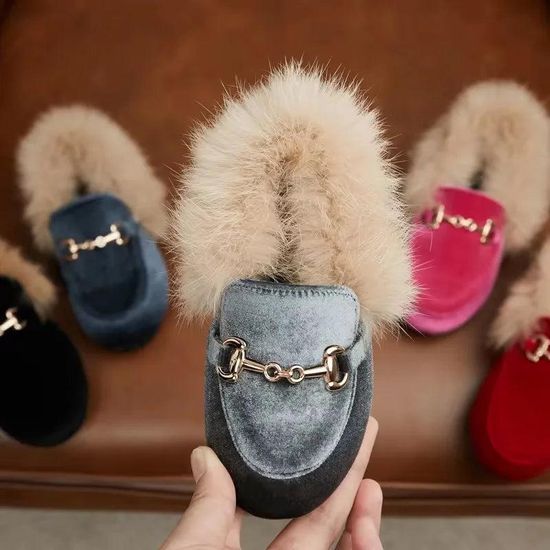 Winter Kids Fur Princess Shoes Baby Girls Velvet Brand Flats Children Slip On Shoes Toddler Fashion Dress Loafers Boys Moccasin GlowCart