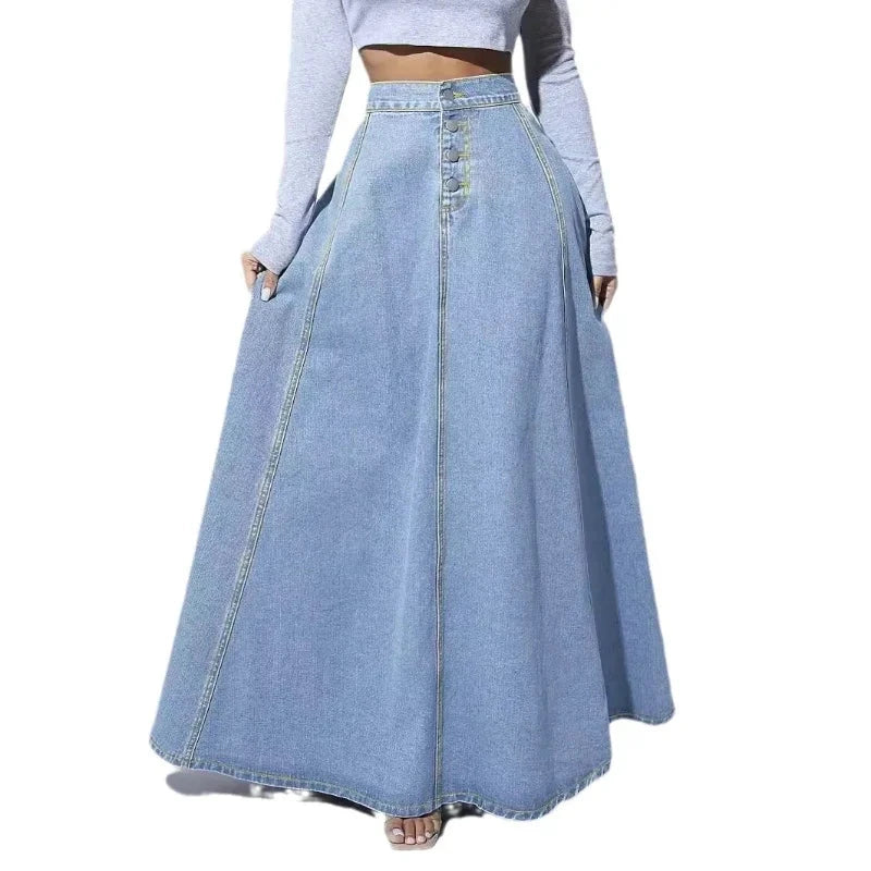 Denim Skirts Women Long Skirt A Line Single Breasted High Waist Jeans Vintage Maxi Simple Casual Elegant Splice Y2k Streetwear GlowCart