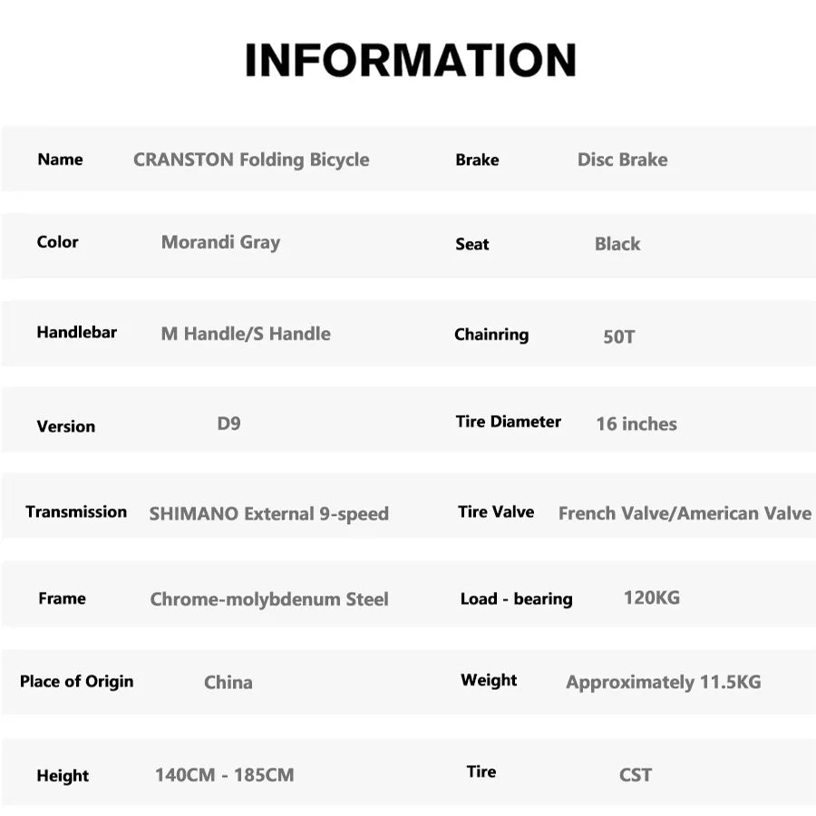 CRANSTON Lightweight Grey Disc Brake M/S 16-inch Portable Folding Bicycle 9 Speed Chrome-molybdenum Steel Retro Bike for Adult GlowCart