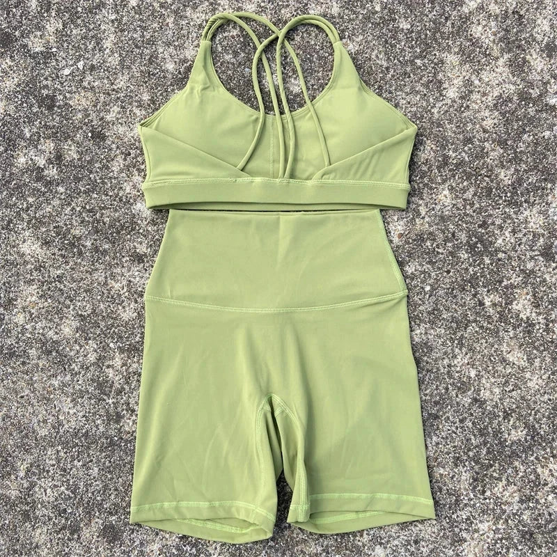 Solid Color Gym Bike Yoga Set Short Legging Cross Back Sport GlowCart