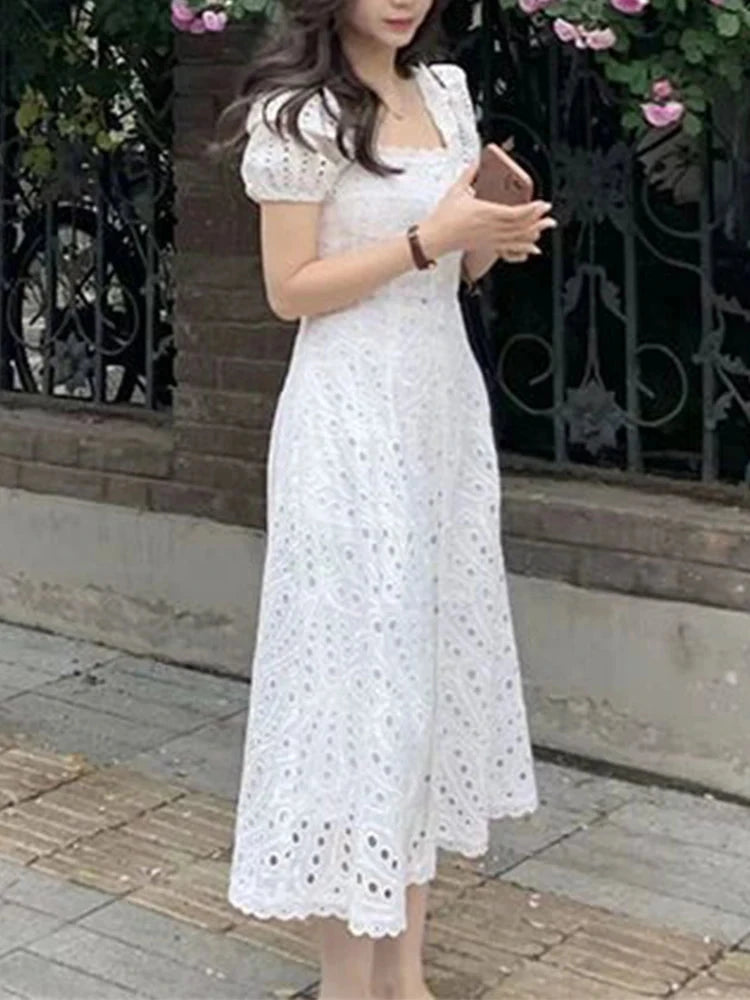 Korean Chic White Midi Dress Women French Hollow Out Sexy GlowCart