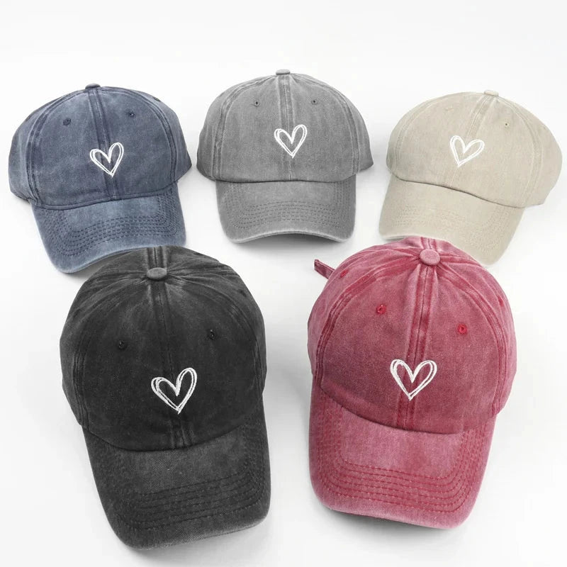 Summer Women Baseball Cap Peach Heart Embroidered Wash Denim GlowCart
