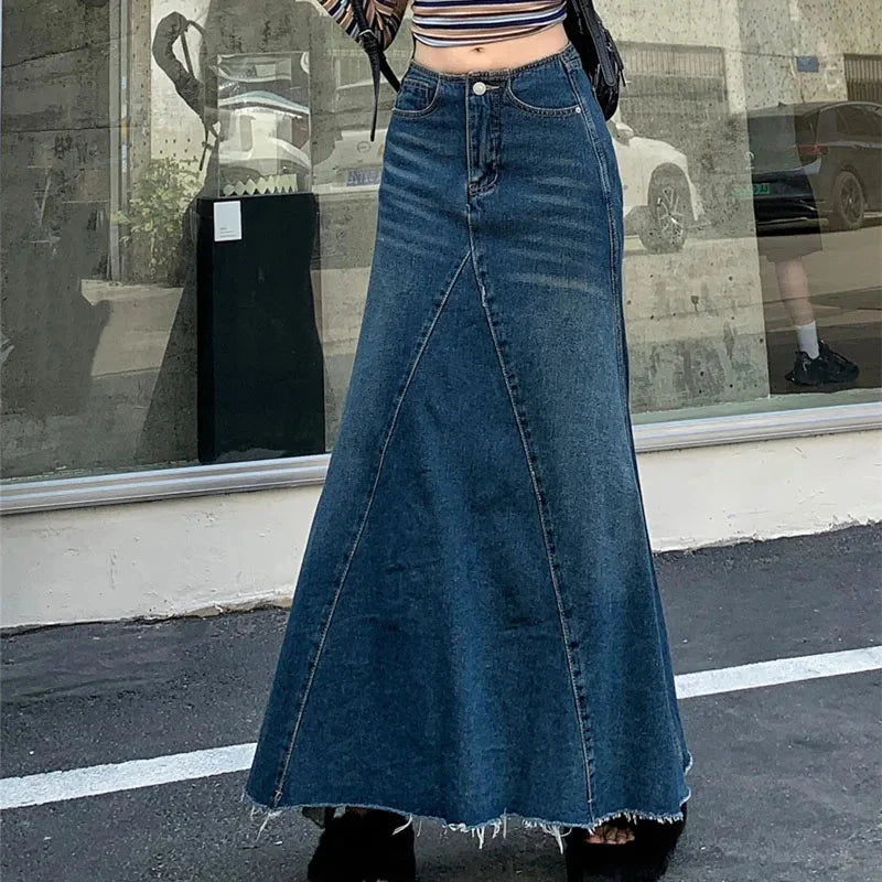 2025 Autumn Women's Y2K Jeans American Retro High Waist Denim Skirt Raw Hem Mermaid Maxi Length Flared Style  2750 GlowCart