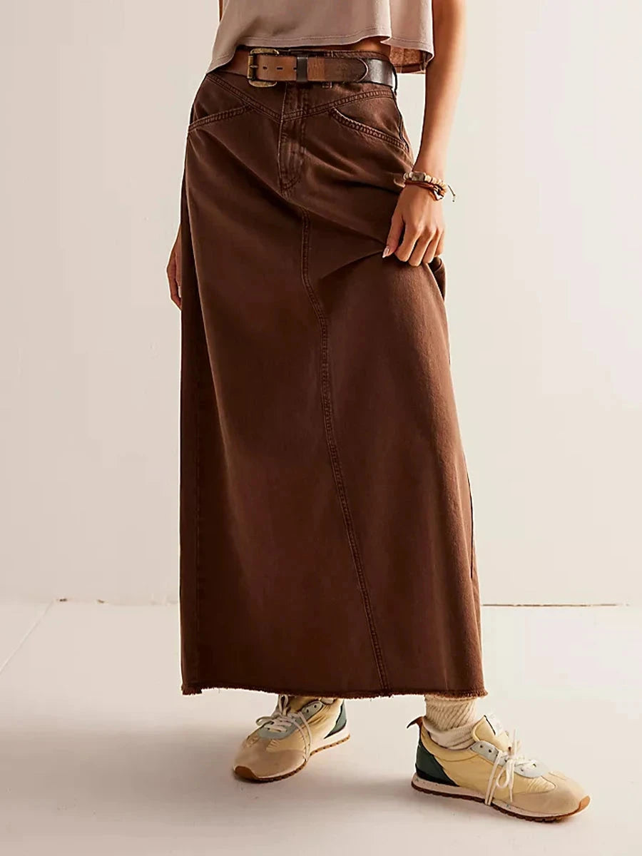 Women Y2K Vintage Denim Maxi Skirt High Waist A-Line Frayed Hem Loose Long Jean Skirt OOTD Streetwear GlowCart