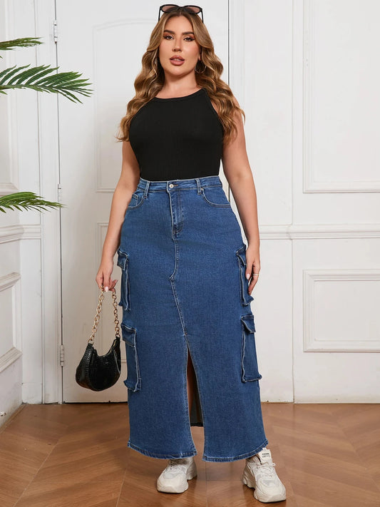 Women’s Denim Maxi Skirt Streetwear Style High Waist Front Slit Jean Pants Fashion Clothing for Everyday Looks GlowCart