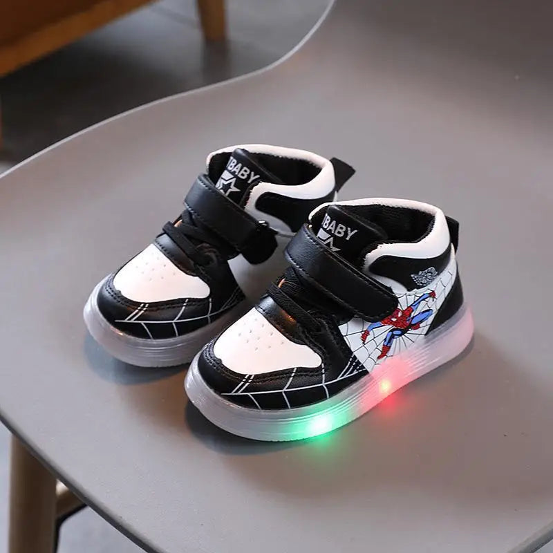 Disney Children's Sneakers Boys Girls Spiderman Led Light Sport Shoes Student Shoes Hook Anti-slip Kids Outdoor Basket Shoes GlowCart