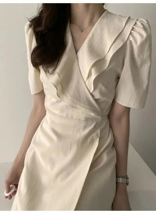 Summer New Chic V-ne Turn-down Collar Slimming Waist Midi Dr GlowCart