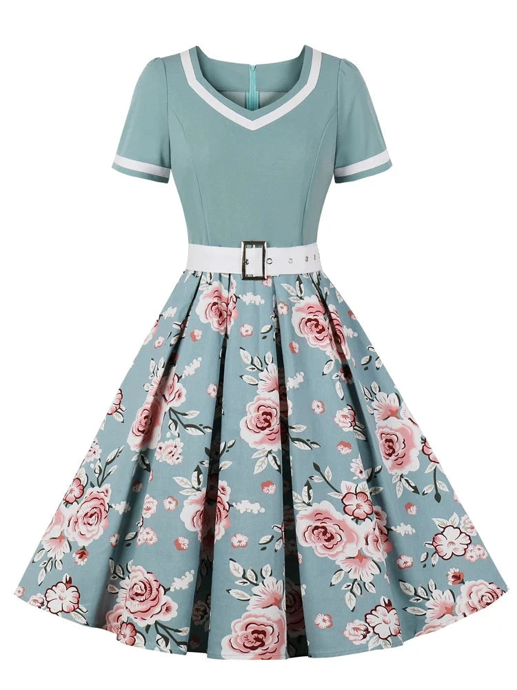 Tonval Vintage 50s Ladies Floral Pleated Rockabilly Dress GlowCart