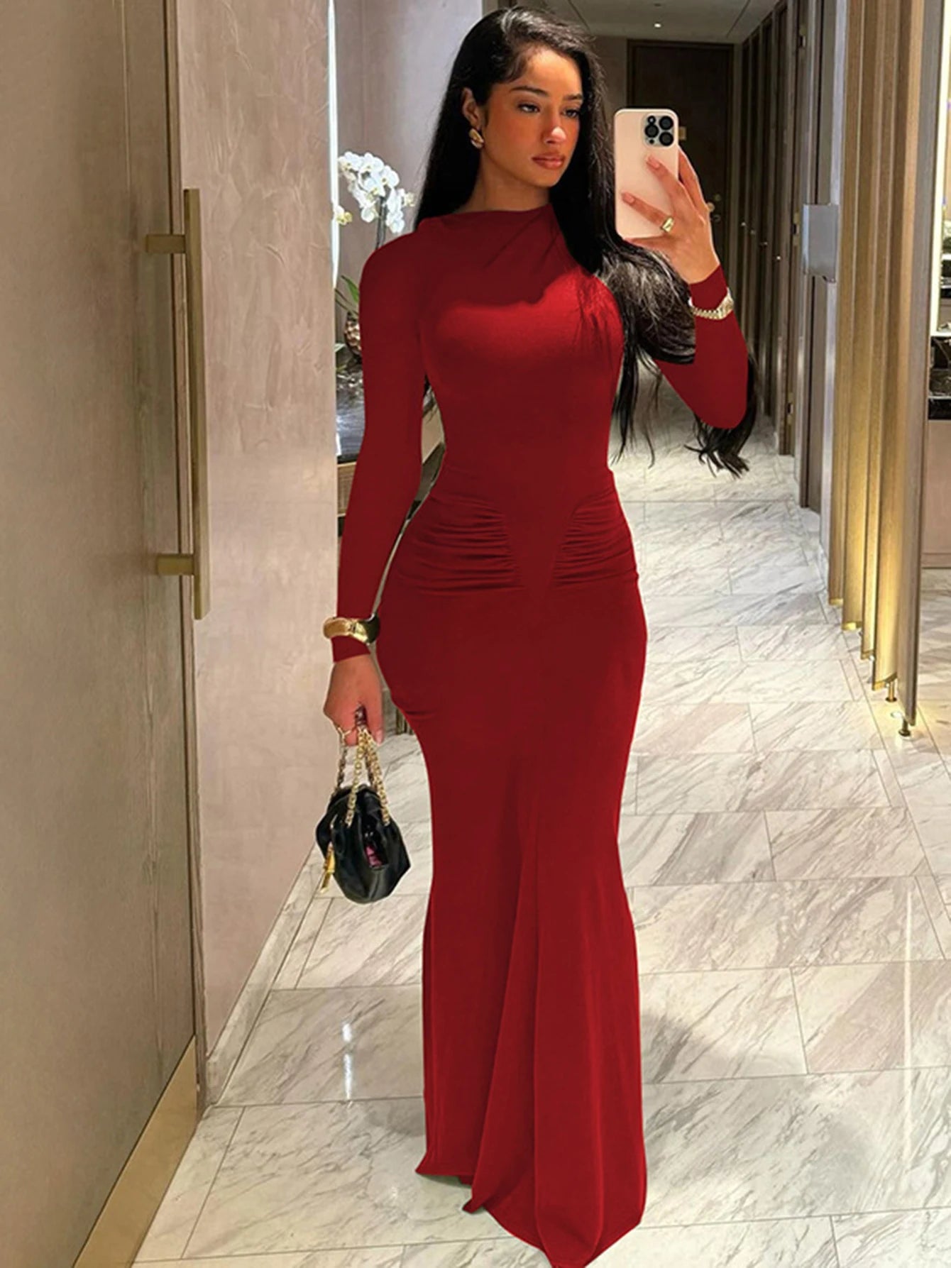 Hugcitar Autumn Solid Long Sleeve Draped Sexy Bodycon Maxi Prom Dress Women Fashion Y2K Outfits Evening Party Festival Club GlowCart