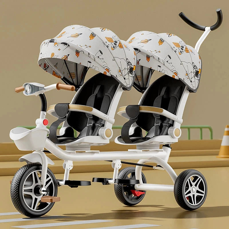 Multifunctional Twin Children's Tricycle Foldable Baby Bicycle Two-way Twin Baby Stroller Swivel Seat Double Stroller GlowCart